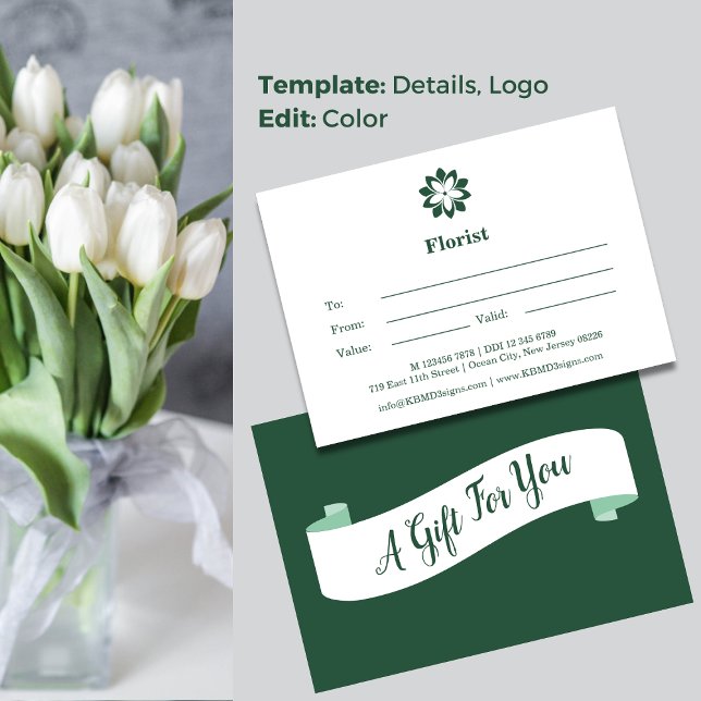 💝 Florist Grönt & White Gift Certificate Anteckningskort (💝Florist Green & White Gift Certificate Note Card, A Gift For You)