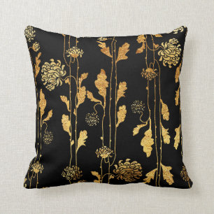 Flott Fauxguld omkullkastar blommor på svart Kudde