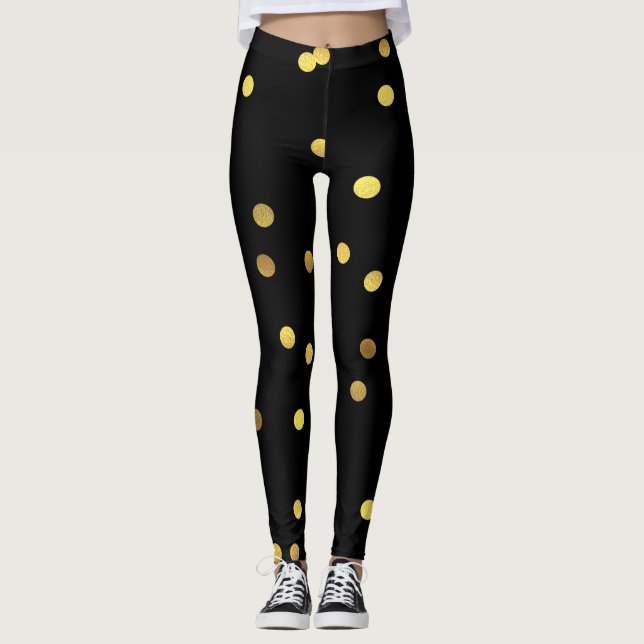 Flott guld omkullkastar konfettisvart leggings (Framsida)
