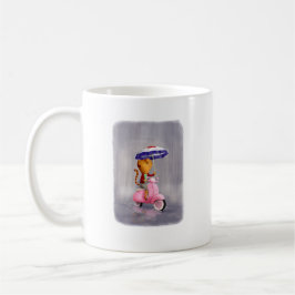 Flott kattunge på den rosa sparkcykeln kaffemugg