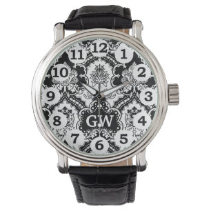 Flott manlig svart vitdamastMonogram Armbandsur