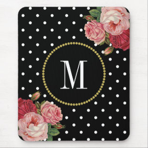 Flott svart antik blom- polka dotsMonogram Musmatta