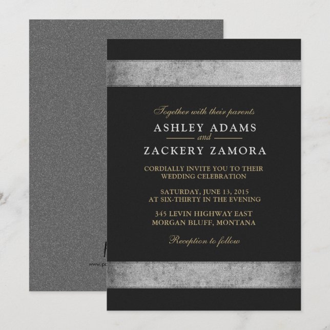 Flott/svart, guld, grått/Grungebröllopinbjudan Inbjudningar (Fram/baksida)