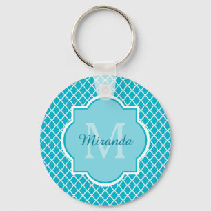 Flott turkosblåttQuatrefoil Monogram och namn Nyckelring