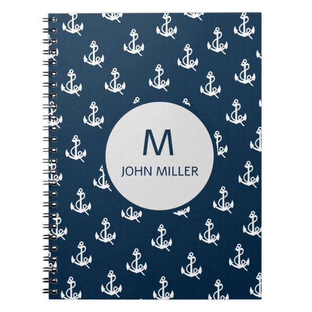 Flotta Blue Nautical Boat Anchor Mönster Monogram Anteckningsbok (Framsidan)