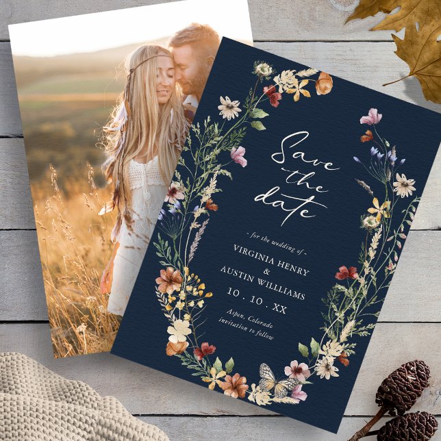 Flottad Elegant Foto Boho Spara datum Datumet (Navy Elegant Photo Wildflower Boho Save The Date with Butterfly by Painted Paperie
)