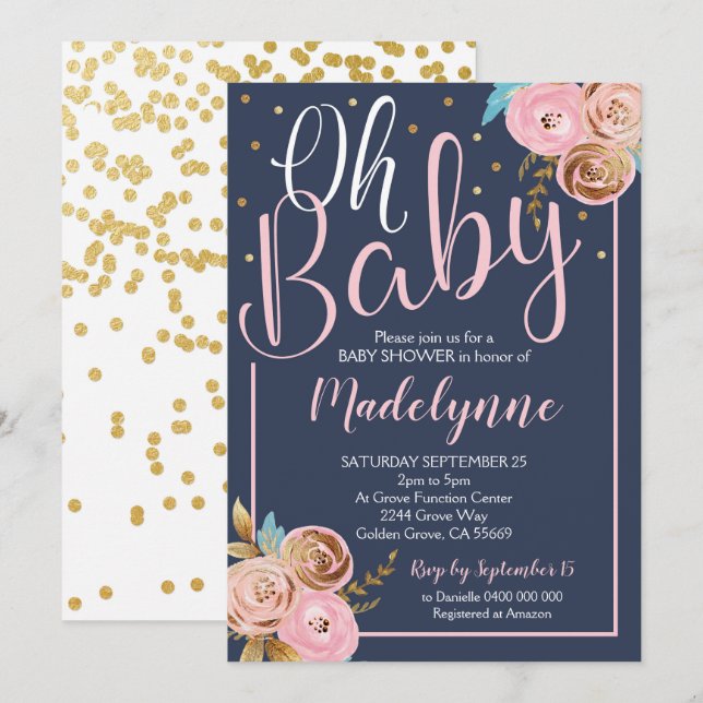  flottan och Guld Blommigt Baby Shower-inbjudan Inbjudningar (Fram/baksida)