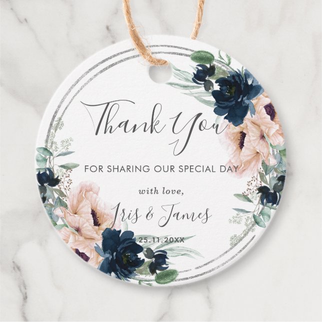  flottan Ro Blommigt Silver Bröllop Tack Gåvor Etiketter (Framsida)