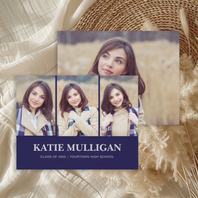 Flottblått 4-foto Studenten (Navy blue graduation 4-photo announcement.)