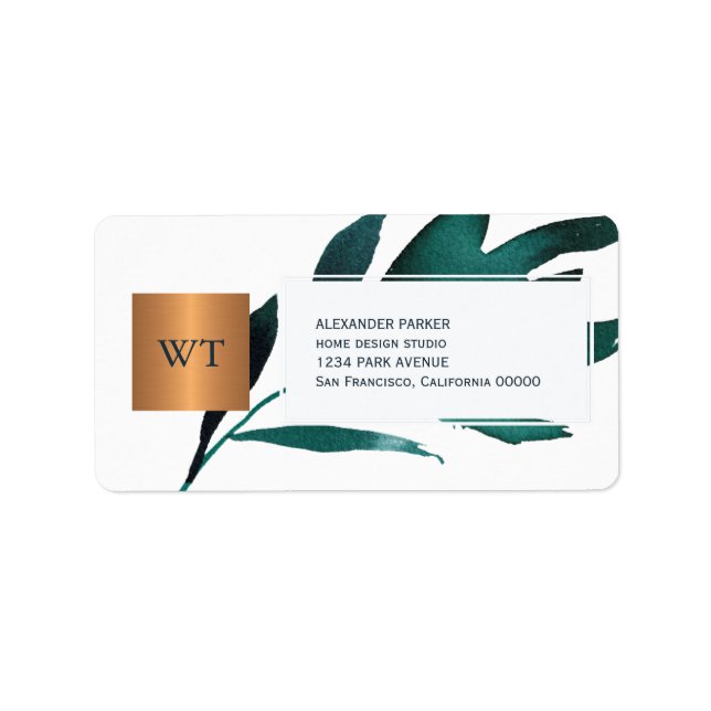 Flottblått bladmetallkopparmonogram, fyrkantigt ko adressetikett (Framsidan)