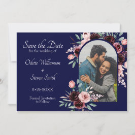 Flottblått och Burgundy Blommigt Photo Bröllop Spara Datumet