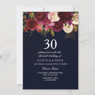 Flottor och burgundsblommor 30års födelsedag Party Inbjudningar
