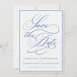 Flourish Calligraphy Minimal Blue White Wedding Spara Datumet