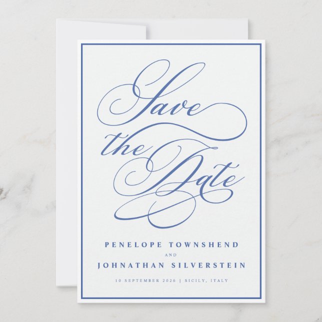 Flourish Calligraphy Minimal Blue White Wedding Spara Datumet (Framsida)