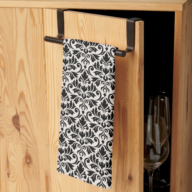 Flourish Damask Pattern Black on Cream Kökshandduk (Thirds Fold)