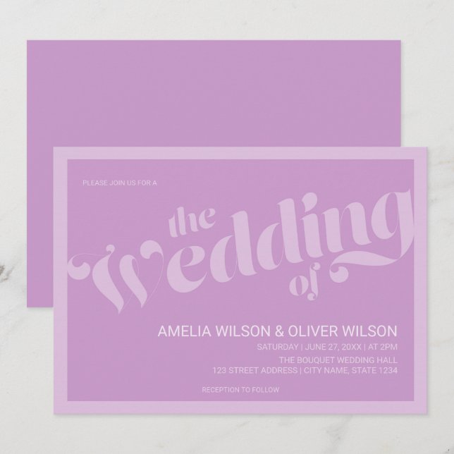 Flourish Typography Lavender Lilac Bröllop Inbjudningar (Fram/baksida)