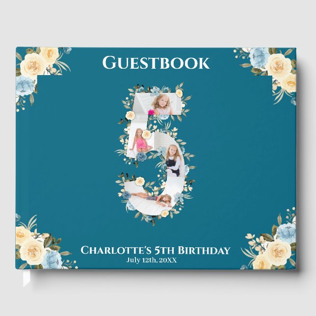 Flower 5 Birthday Teal Photo Collage Blue Gult Gästböcker (Framsida)