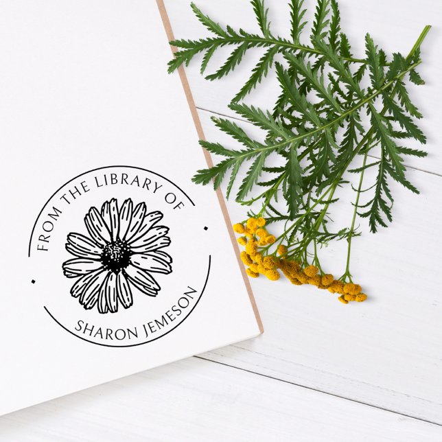 Flower Anpassningsbar Daisy Blommigt Bibliotek Bok Stämpel (Lovely Daisy Flower Custom Floral Library Book Rubber Stamp)