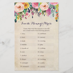Flower Baby Shower Avslutar Mamma Phrase-spel