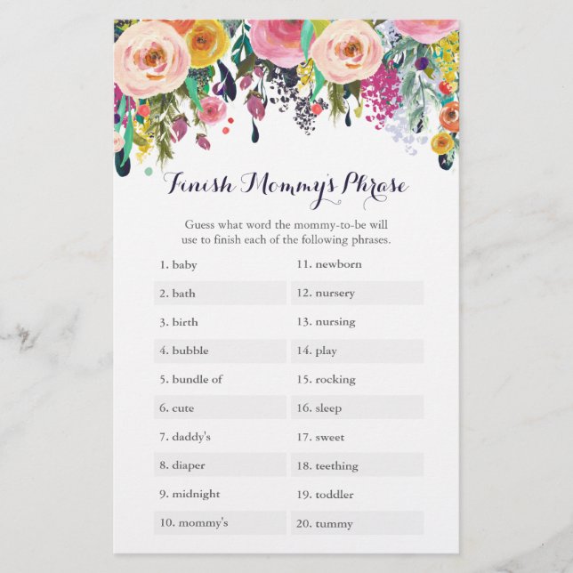 Flower Baby Shower Avslutar Mamma Phrase-spel (Framsida)