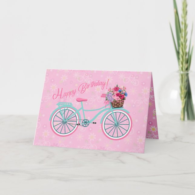 Flower Basket på Bicycle Söt Rosa Birthday Kort (Framsida)