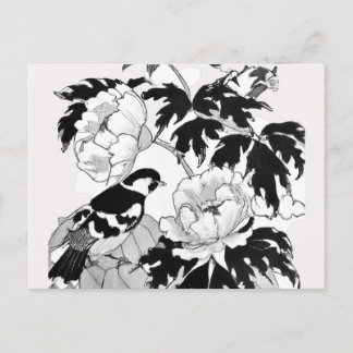 Flower Bird Black and White Postcard Vykort