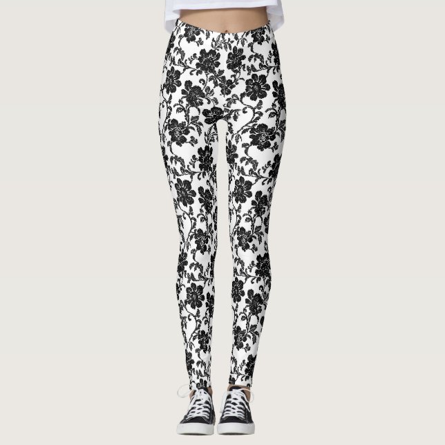 Flower Black Mönster Leggings (Framsida)