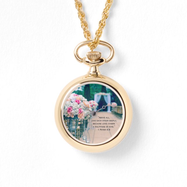 Flower Bouquet Kärlek och Bröllop Aisle Bible Vers Armbandsur (Framsida)