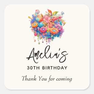 Flower Bouquet Orange & Blue Birthday Tack Fyrkantigt Klistermärke