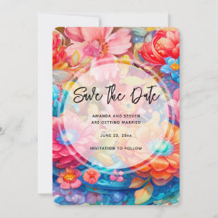 Flower Bouquet Orange & Blue Boho Bröllop Spara Datumet
