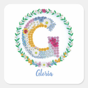 Flower Brev Initial ’G’ med Personlig namn Fyrkantigt Klistermärke