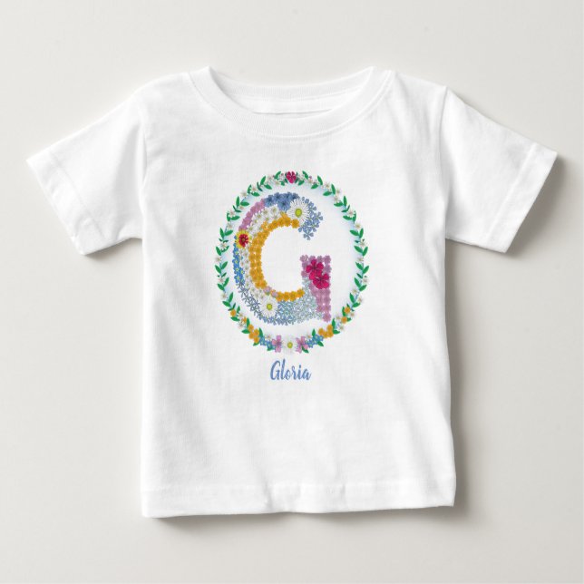 Flower Brev Initial ’G’ med Personlig namn T Shirt (Framsida)