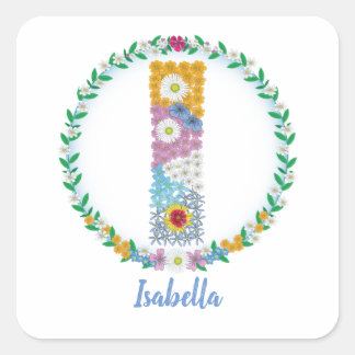 Flower Brev Initial ’I’ med Personlig namn Fyrkantigt Klistermärke