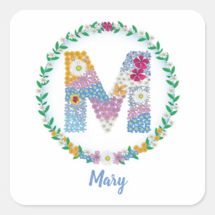 Flower Brev Initial ’M’ med Personlig namn Fyrkantigt Klistermärke
