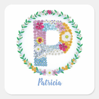 Flower Brev Initial P med Personlig namn Fyrkantigt Klistermärke