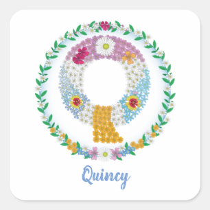 Flower Brev Initial "Q" med Personlig namn Fyrkantigt Klistermärke