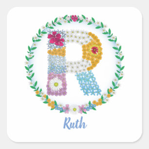 Flower Brev Initial ’R’ med Personlig namn Fyrkantigt Klistermärke