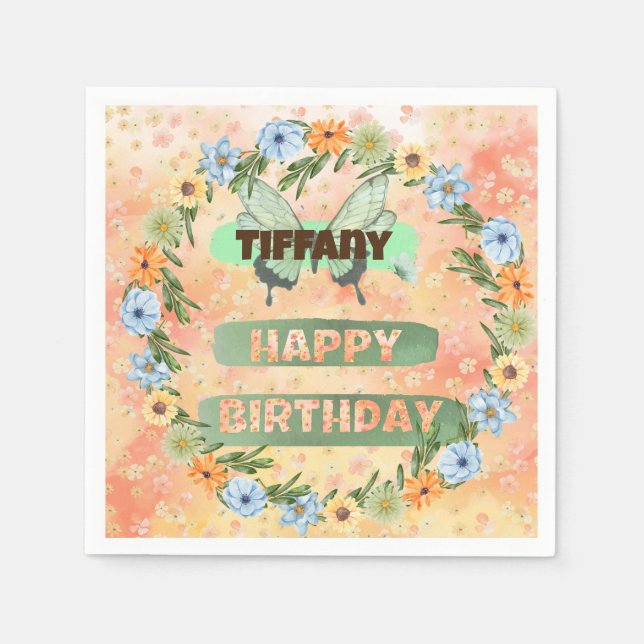 Flower & Butterfly Birthday Pappersservett (Framsidan)