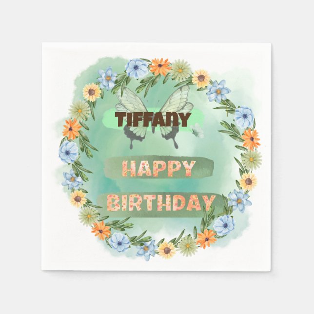 Flower & Butterfly Birthday Pappersservett (Framsidan)