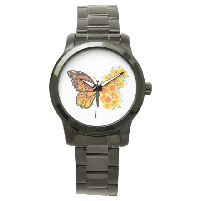 Flower Butterfly med Gult California Poppy Armbandsur (Framsida)
