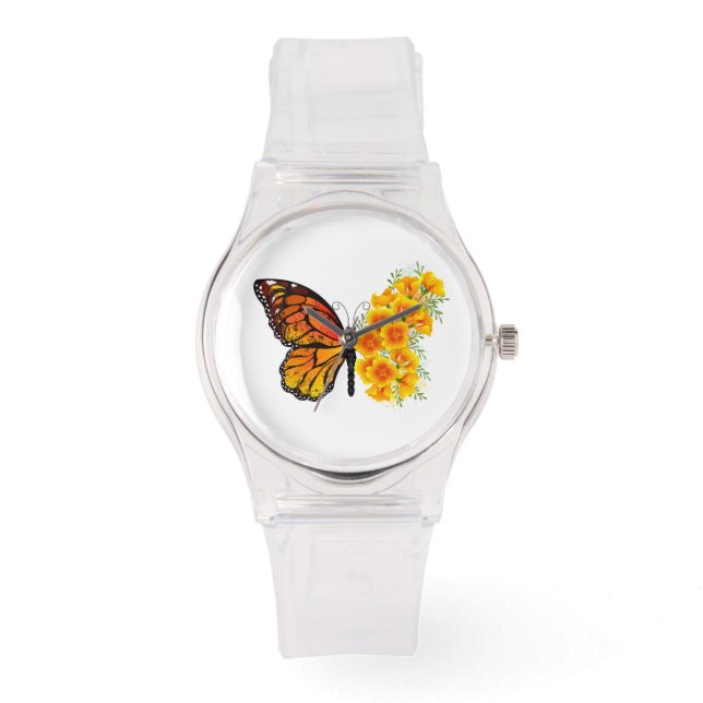 Flower Butterfly med Gult California Poppy Armbandsur (Framsida)