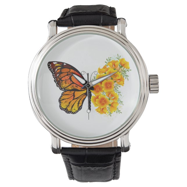 Flower Butterfly med Gult California Poppy Armbandsur (Framsida)