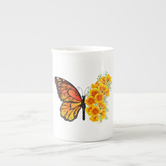 Flower Butterfly med Gult California Poppy Benporslin Mugg (Framsidan)