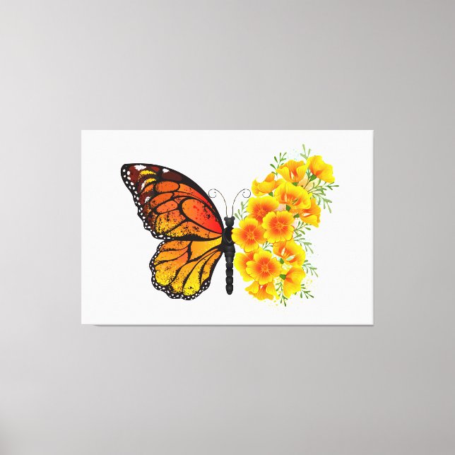 Flower Butterfly med Gult California Poppy Canvastryck (Framsida)