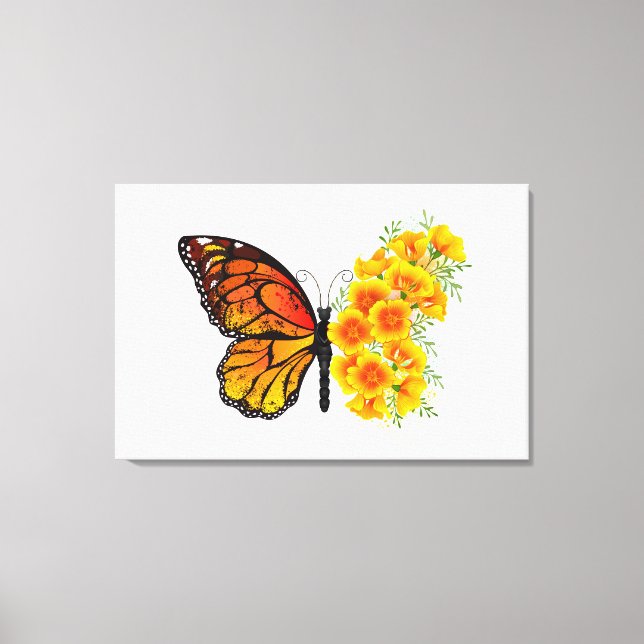 Flower Butterfly med Gult California Poppy Canvastryck (Framsida)