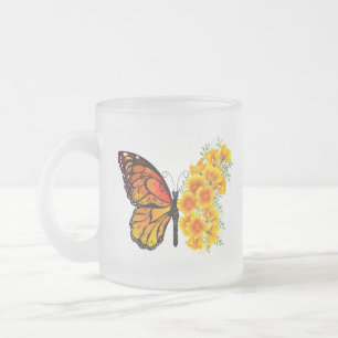 Flower Butterfly med Gult California Poppy Frostad Glasmugg