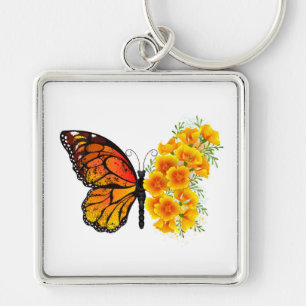 Flower Butterfly med Gult California Poppy Fyrkantig Silverfärgad Nyckelring
