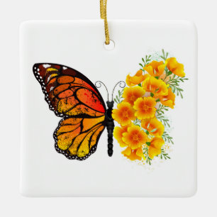 Flower Butterfly med Gult California Poppy Julgransprydnad Keramik