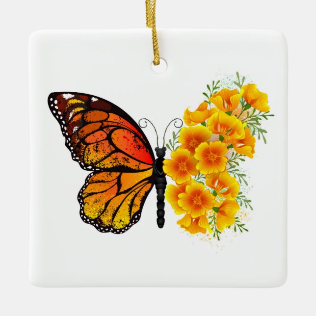 Flower Butterfly med Gult California Poppy Julgransprydnad Keramik (Framsida)