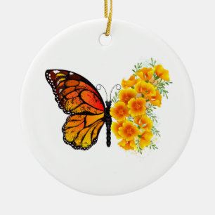 Flower Butterfly med Gult California Poppy Julgransprydnad Keramik